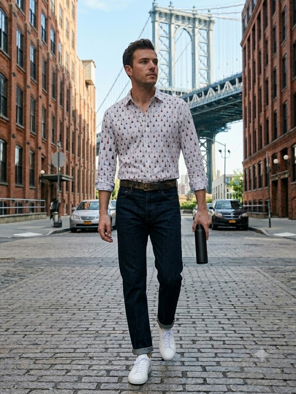 White Button-Up Shirt with Guitars Print